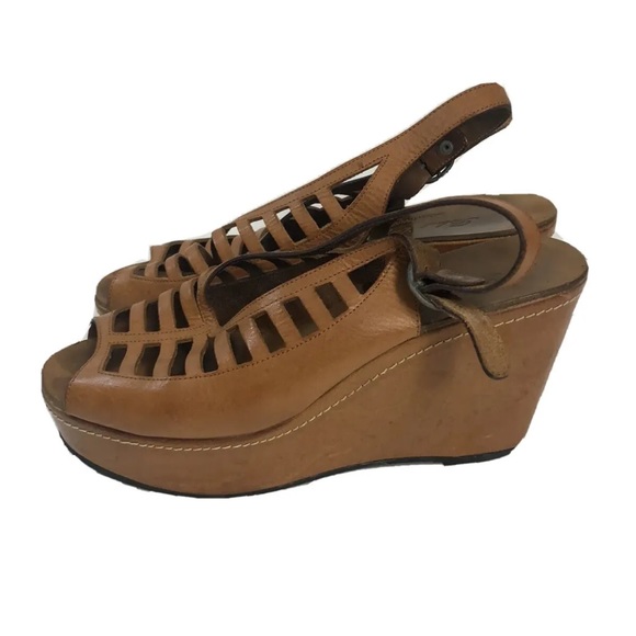 Women’s Robert Clergerie Cognac Leather Cutout Platform Sandals Size 8.5 - Picture 3 of 10